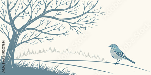 A solitary bird perches on a branch of a bare tree in a serene landscape