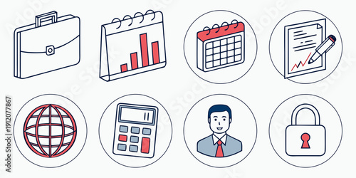 A collection of icons representing various aspects of business and management.