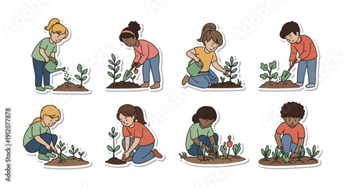 A charming sticker collection of diverse children engaged in gardening activities like planting seedlings, watering, and harvesting vegetables.