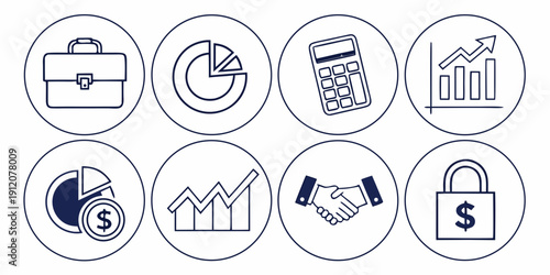 Icons representing various aspects of financial management and business operations.