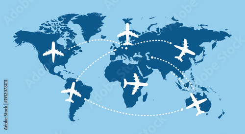 World Map vector graphic with flight paths linking continents and cities, global air travel network