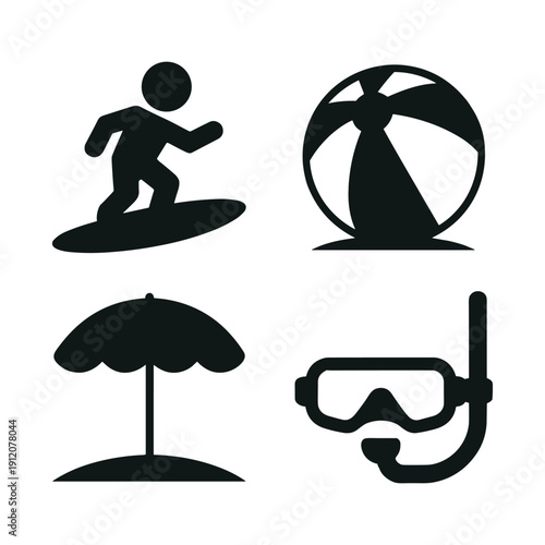 Black silhouettes of summer vacation icons including surfing, fan, umbrella, and scuba gear