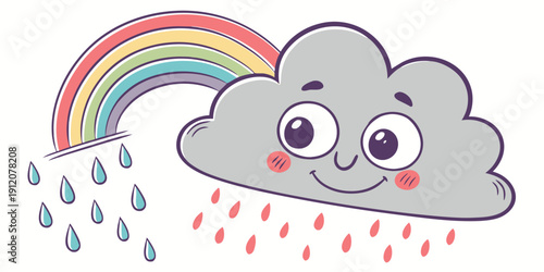 A cheerful cloud with a rainbow and raindrops in a whimsical scene