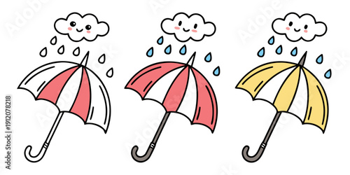 Three colorful umbrellas with raindrops and clouds above them.