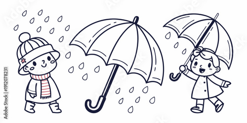 Two children sharing an umbrella on a rainy day, enjoying the weather together.