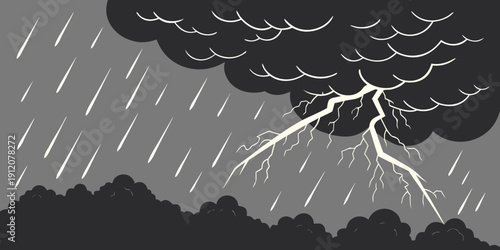 A dramatic scene of a storm with lightning striking over a dark, rainy landscape