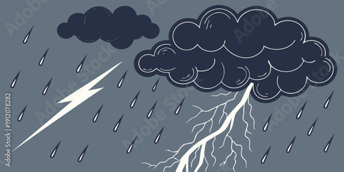 A dramatic storm with dark clouds, heavy rain, and lightning strikes