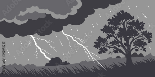 A solitary tree stands tall amidst a stormy landscape with dark clouds and heavy rain.