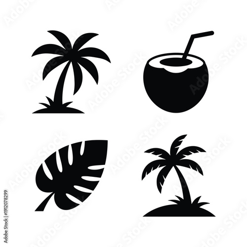Tropical getaway icons with palm trees and coconut drink