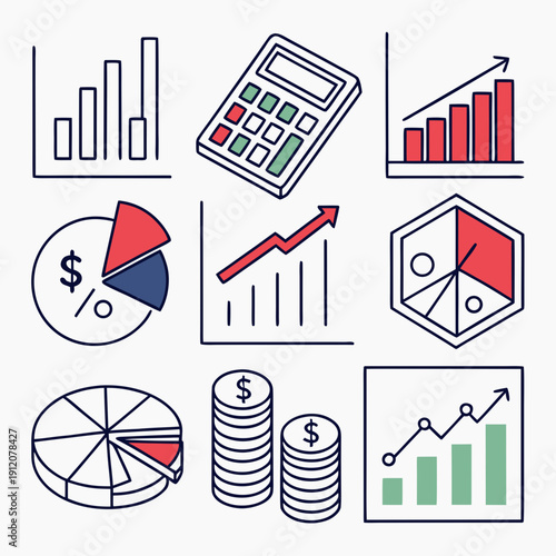 Diverse collection of financial and business icons and graphics