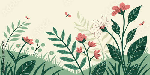 A vibrant illustration of a garden filled with blooming flowers and lush greenery