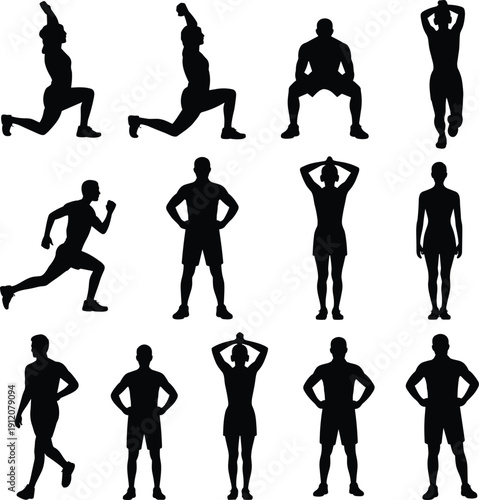 Workout and fitness silhouette collection featuring men and women performing squats, lunges, running, stretching, and standing exercises, black vector illustration for training, gym, and design 