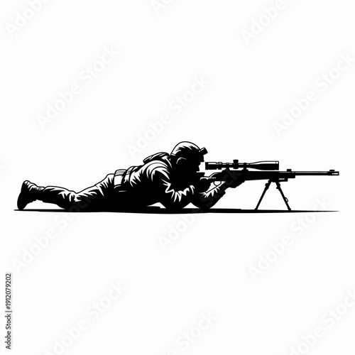 A silhouette of a sniper lying prone with a rifle set on a bipod.