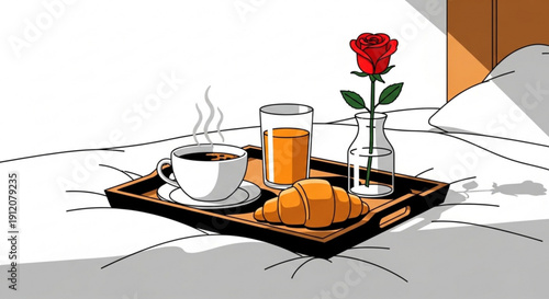 Breakfast tray with coffee croissant orange juice and red rose on bed