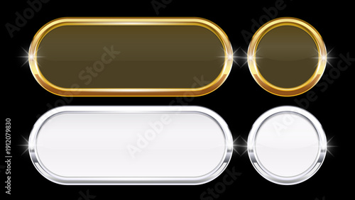 Gold and Silver 3D Glass Buttons with Chrome Frame – Glossy User Interface UI UX Web Elements Isolated on Black Background Vector Illustration