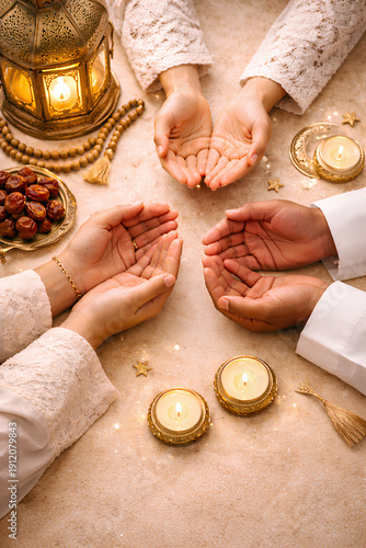 Muslim Family Hands in Prayer on Beige Background, Ramadan and Eid Spiritual Community Concept