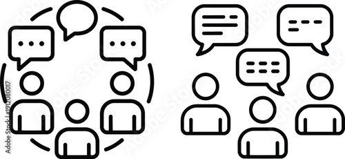 Team building communication line icons with speech bubbles. Business group discussion, team collaboration, and social interaction vector symbols.