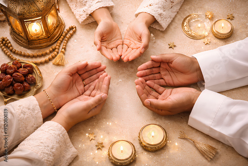 Muslim Family Hands in Prayer on Beige Background, Ramadan and Eid Spiritual Community Concept