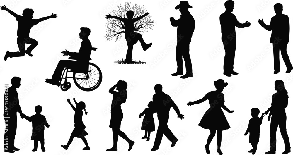 Obraz premium Black vector silhouette set featuring diverse people including a man in a wheelchair a cowboy children jumping and families walking for inclusive community branding