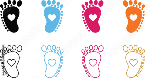  Colorful Baby Footprints with Heart Vector Set in Solid and Outline Styles for Baby Shower, Newborn, Gender Reveal and Nursery Decor Projects