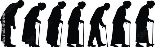 Aging, elderly, progression, silhouette, senior, woman, walking, cane, lifespan, age, health, decline, stages, life, concept, black, illustration, isolated, white, background