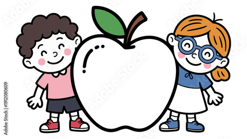 A cute boy and girl standing happily on either side of a large, blank apple illustration, ready for custom text.