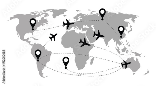 World Map vector illustration showing aircraft flying between destination points, marked with location pins, dashed and wavy flight paths, global transportation and web design concept.
