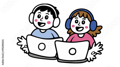 Two cheerful children, a boy and a girl, wearing headphones and happily interacting with individual laptops.