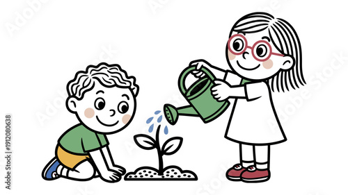 A happy boy kneeling beside a young plant while a girl with glasses waters it with a green can.