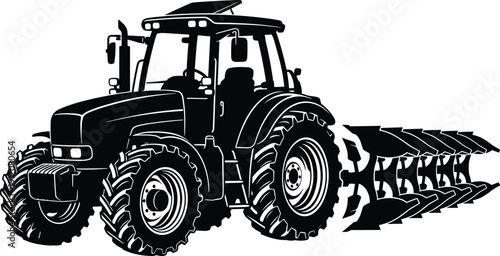 Agricultural tractor with plow silhouette, detailed farming machinery vector showing heavy duty field cultivation equipment isolated on white background