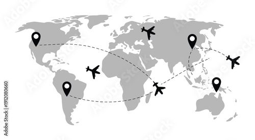 World Map vector illustration showing aircraft flying between destination points, marked with location pins, dashed and wavy flight paths, global transportation and web design concept.