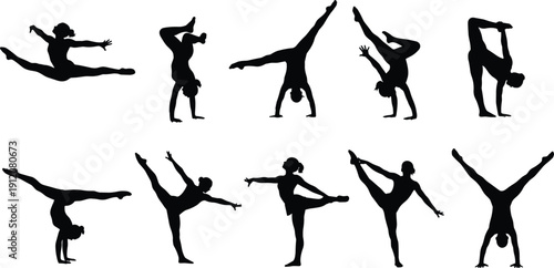Acrobatic gymnastics silhouette collection set, flexible female athletes performing dynamic balance poses isolated on white background vector illustration