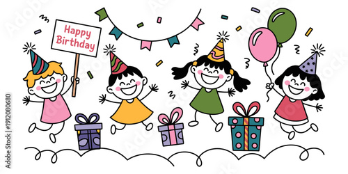 Four joyful children celebrating a birthday party with gifts, balloons, confetti, and festive party hats.