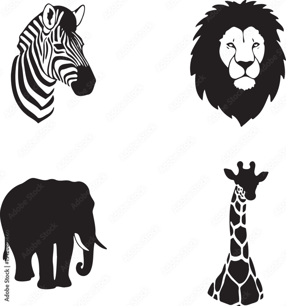 Obraz premium Collection of iconic african safari animal heads and silhouettes lion zebra elephant giraffe graphic design elements vector