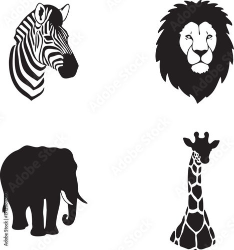 Collection of iconic african safari animal heads and silhouettes lion zebra elephant giraffe graphic design elements vector