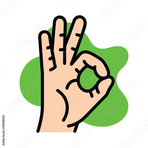 A cartoon illustration of a human hand making the 'OK' gesture with a green blob background, symbolizing approval or agreement.