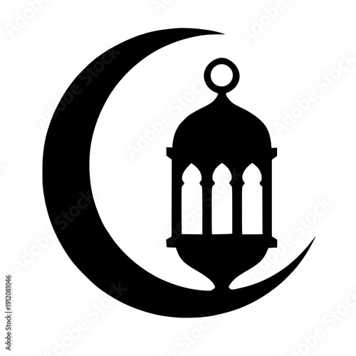 Elegant lantern suspended beneath a crescent moon silhouette in black and white design