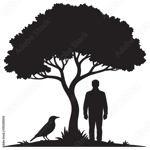 Striking black silhouette graphic depicts a lone man standing beside a large leafy tree observing a curious black bird resting near the trunk in a stark composition symbolizing nature companionship an