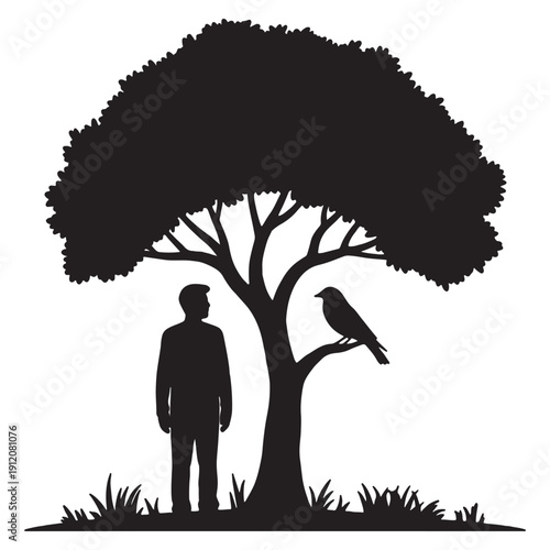 Striking black silhouette graphic depicts a lone man standing beside a large leafy tree observing a curious black bird resting near the trunk in a stark composition symbolizing nature companionship an