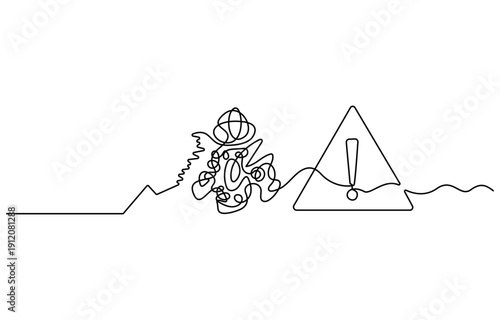 Dangerous sign continuous one line drawing. Vector outline of warning icon with exclamation mark in a triangle, One line art danger sign. Graphic illustration.