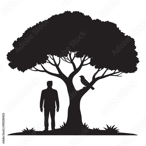 Striking black silhouette graphic depicts a lone man standing beside a large leafy tree observing a curious black bird resting near the trunk in a stark composition symbolizing nature companionship an