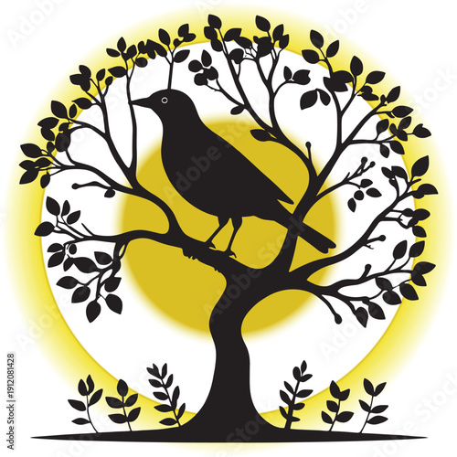 Striking black silhouette of a small songbird perched thoughtfully upon the stark branches of a stylized tree against a vibrant magenta background creating beautiful contrast.