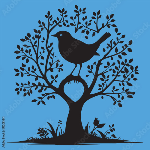 Striking black silhouette of a small songbird perched thoughtfully upon the stark branches of a stylized tree against a vibrant magenta background creating beautiful contrast.