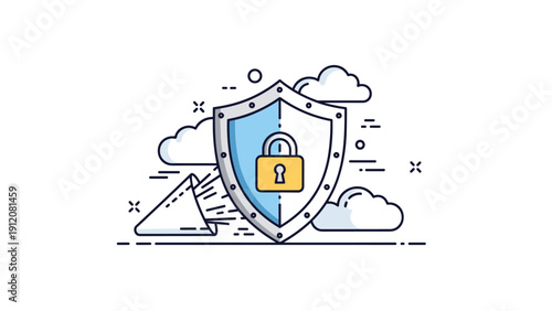Digital security and data protection concept featuring a large shield with a locked padlock symbol set against a cloudy sky.