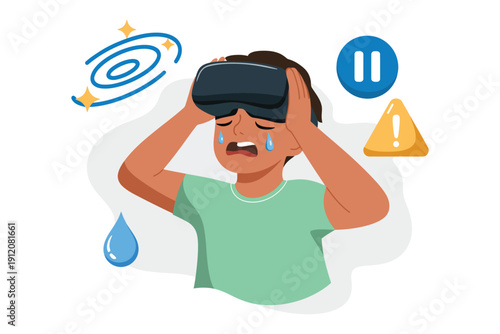 Young Caucasian Male with VR headset showing motion sickness symptoms, warning icons surrounding him, vector graphic for virtual reality health and safety concept.
