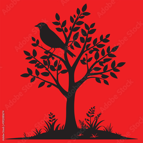 Striking black silhouette of a small songbird perched thoughtfully upon the stark branches of a stylized tree against a vibrant magenta background creating beautiful contrast.