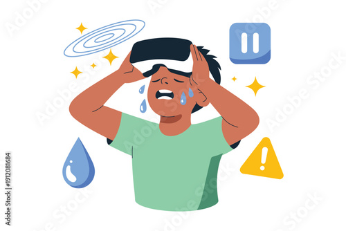 Young Caucasian Male with VR headset showing motion sickness symptoms, warning icons surrounding him, vector graphic for virtual reality health and safety concept.