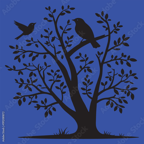 Striking black silhouette of a small songbird perched thoughtfully upon the stark branches of a stylized tree against a vibrant magenta background creating beautiful contrast.