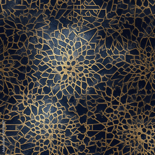 Intricate golden floral pattern on a textured dark blue background