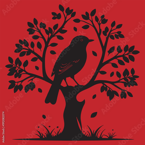 Striking black silhouette of a small songbird perched thoughtfully upon the stark branches of a stylized tree against a vibrant magenta background creating beautiful contrast.